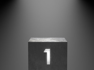 Empty winner concrete podium with number one neon glowing light on spotlight background. 3D...