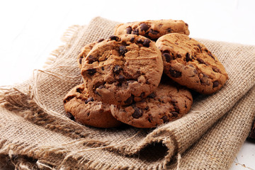 Chocolate cookies on white background. Chocolate chip cookies shot