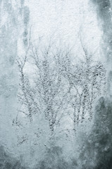 Hinter einer mit Schnee und Frost bedeckten Glasscheibe, sieht man Äste eines Baumes