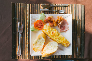 English breakfast - eggs, bacon, Ham,  toast with copy space