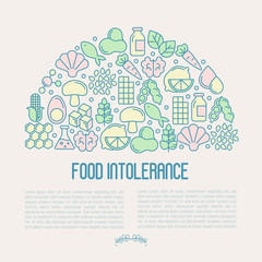 Food intolerance concept with thin line icons of common allergens (gluten, lactose, soy, corn and more), sugar and trans fat, vegetarian and organic symbols. Vector illustration.