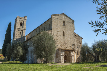 Fototapeta na wymiar The Romanesque Abbey of Sant Antimo is a former Benedictine monastery in the comune of Montalcino, Tuscany.