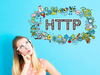 Http concept with young woman in a thoughtful pose