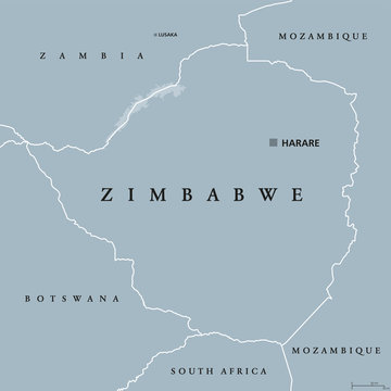 Zimbabwe political map with capital Harare, international borders and neighbors. Republic and landlocked country in South Africa. Former Southern Rhodesia. Gray illustration. English labeling. Vector.