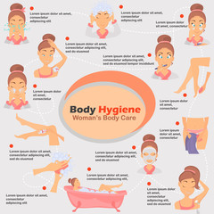 Morning girl hygiene infographics set illustration for web and mobile design
