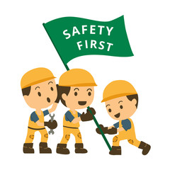 Character construction working hold flag safety first : safety concept on white background. vector illustration