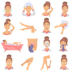 Morning girl hygiene color flat icons set. Girl awakening illustration for web and mobile design