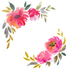 Watercolor floral decorative elements.Bright scarlet flowers. Spring design for greeting card, wedding or invitation.