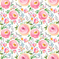 Watercolor floral pattern and seamless background.  Hand painted. Gentle design for fabric, wrap paper or wallpaper. Raster illustration.