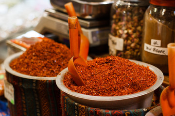 Colorful spices at spice bazaar in Istanbul, Turkey.