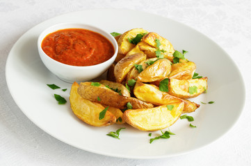 potato snack plate with hot tomato sauce