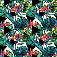 Fotobehang Watercolor tropical leaves and flowers with contour seamless pattern. © Tanya Syrytsyna