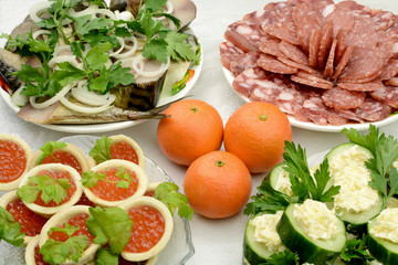 sausages and various snacks on the table