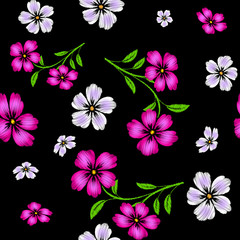 Embroidered pink and white  flowers on black background seamless pattern
