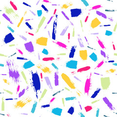 Vector seamless pattern with brush stripes and strokes. Rainbow color on white background. Hand painted grange texture. Ink geometric elements. Fashion modern style. Endless trend fabric print Unusual