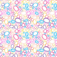 Vector colorful seamless pattern with brush blots and circles. Blue pink color on white background. Hand painted grange texture. Ink geometric elements. Fashion modern style. Unusual teen and kid.