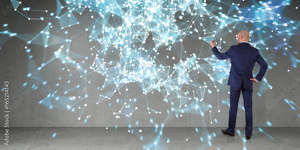 Poster Businessman using connection network on a wall 3D rendering
