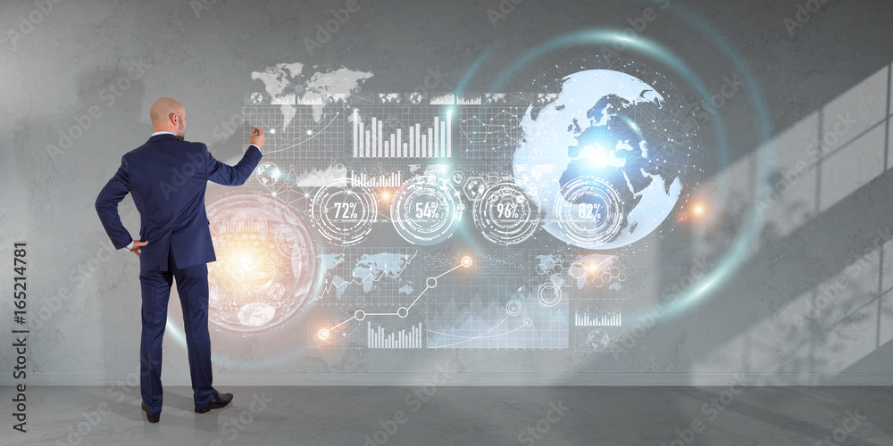 Poster Businessman using graph screens interface on a wall 3D rendering