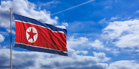 North Korea waving flag on blue sky. 3d illustration