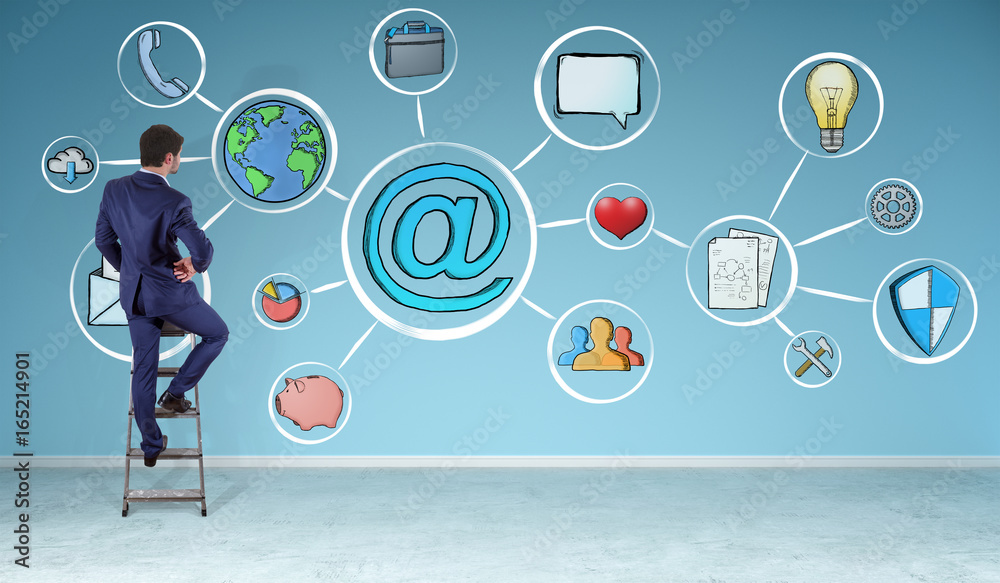 Poster businessman watching multimedia interface sketch on a wall 3d rendering