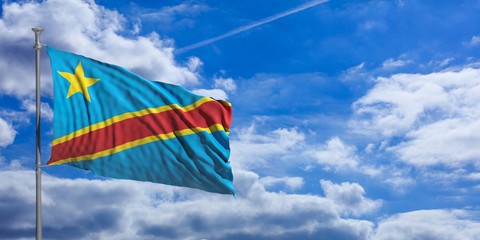 Republic of the Congo waving flag on blue sky. 3d illustration