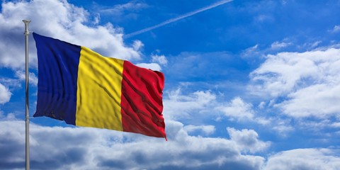 Romania waving flag on blue sky. 3d illustration