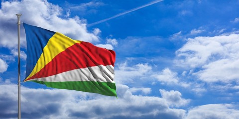 Seychelles waving flag on blue sky. 3d illustration