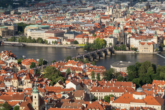 View of the Mala Strana (Lesser Town) and Old Town districts and Vltava River in between in Prague, Czech Republic, from above.