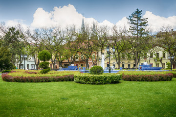 Subotica, Serbia - April 23, 2017: Blue fountain in Subotica town, Serbia