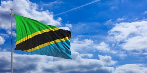 Tanzania waving flag on blue sky. 3d illustration