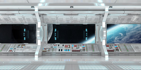 Fototapeta premium Spaceship interior with view on the planet Earth 3D rendering elements of this image furnished by NASA