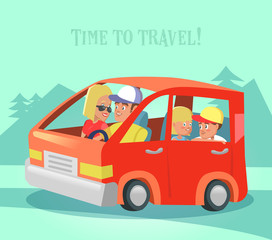 Happy Family Traveling by Car. Time to Travel. Summer Vacations. Vector illustration