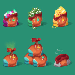 Bags with Money, Coins and Gold for Game Interface. Treasure, Banknotes and Diamonds Icons. Vector illustration