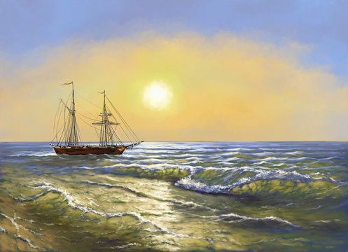 Sea landscape paintings, digital oil paintings ship, art