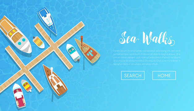 Sea Walks Banner with Yachting Tour Advertisement. Yachts and Boat Trip. Beach Vacation. Vector illustration