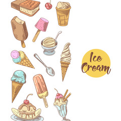 Ice Cream Hand Drawn Background with Fruits and Chocolate. Cones and Waffles. Vector illustration