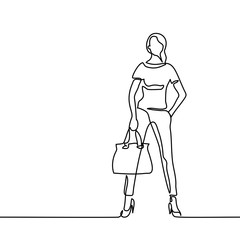 Fashion standing woman with bag. Continuous line drawing. Vector illustration
