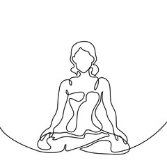 Continuous line drawing. Woman doing exercise yoga lotus Pose. Vector Illustration