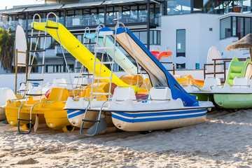 pedal catamarans for active recreation on sand beach