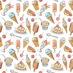 Ice Cream Hand Drawn Seamless Pattern with Cold Desserts, Fruits and Chocolate, Cones and Waffles