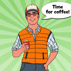 Pop Art Happy Cool Man with Cup of Coffee. Vector illustration