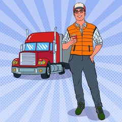 Pop Art Smiling Trucker Standing in front of a Truck. Professional Driver. Vector illustration