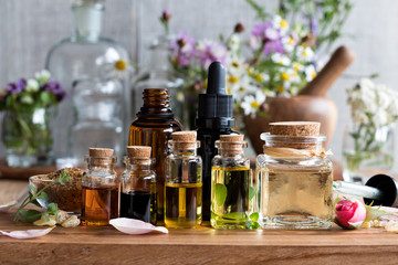 Selection of essential oils with herbs and flowers - obrazy, fototapety, plakaty