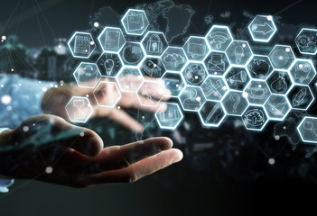 Businessman holding multimedia hand-drawn interface