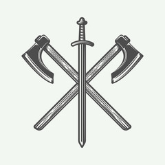 Vintage vikings logo, emblem, badge in retro style. Monochrome Graphic Art. Vector Illustration.