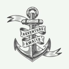 Vintage anchor in retro style with adventures typography. Monochrome graphic Art. Vector Illustration. © AkimD