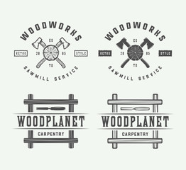Obraz premium Set of vintage carpentry, woodwork and mechanic labels, badges, emblems and logo. Vector illustration. Monochrome Graphic Art.