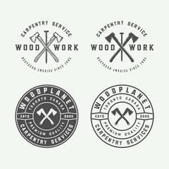 Set of vintage carpentry, woodwork and mechanic labels, badges, emblems and logo. Vector illustration. Monochrome Graphic Art.