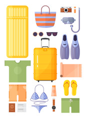 Objects for traveling. Summer vacation, tourism and journey. Beach rest. Hand luggage and suitcase.