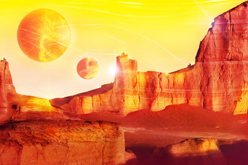 Alien landscape in red tones. Fantastic fairytale concept. Artistic image.